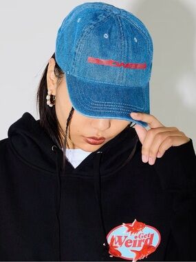Get Weird Blue Denim Baseball Cap with Red Logo by Get Weird